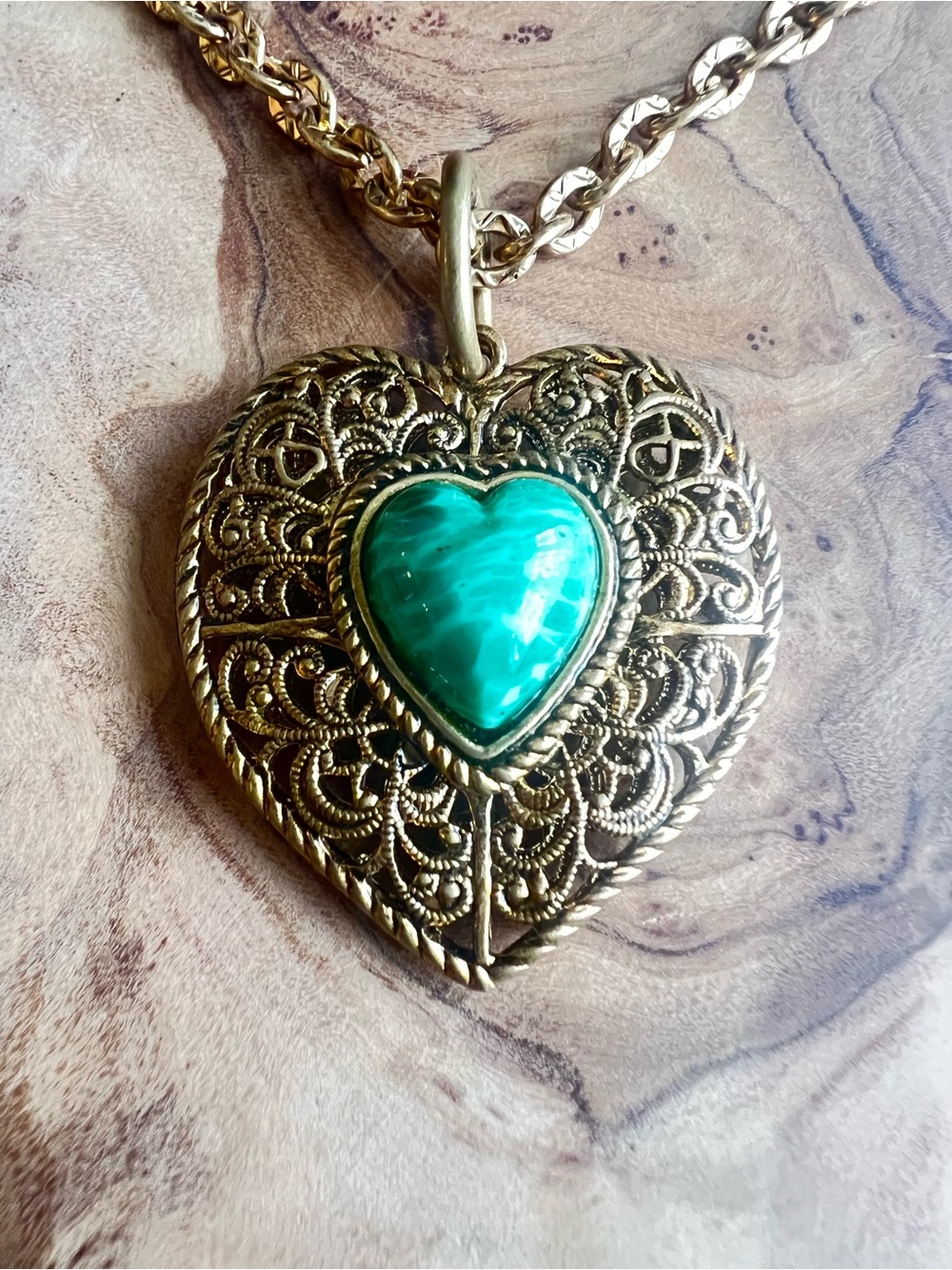 Mid Century West German Ornate Brass Filigree Heart Necklace, Green Cabochon